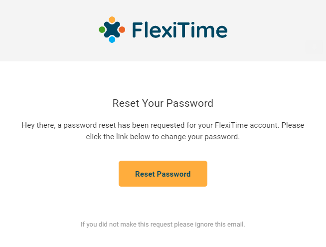 FlexiTime password reset email with Reset Password button